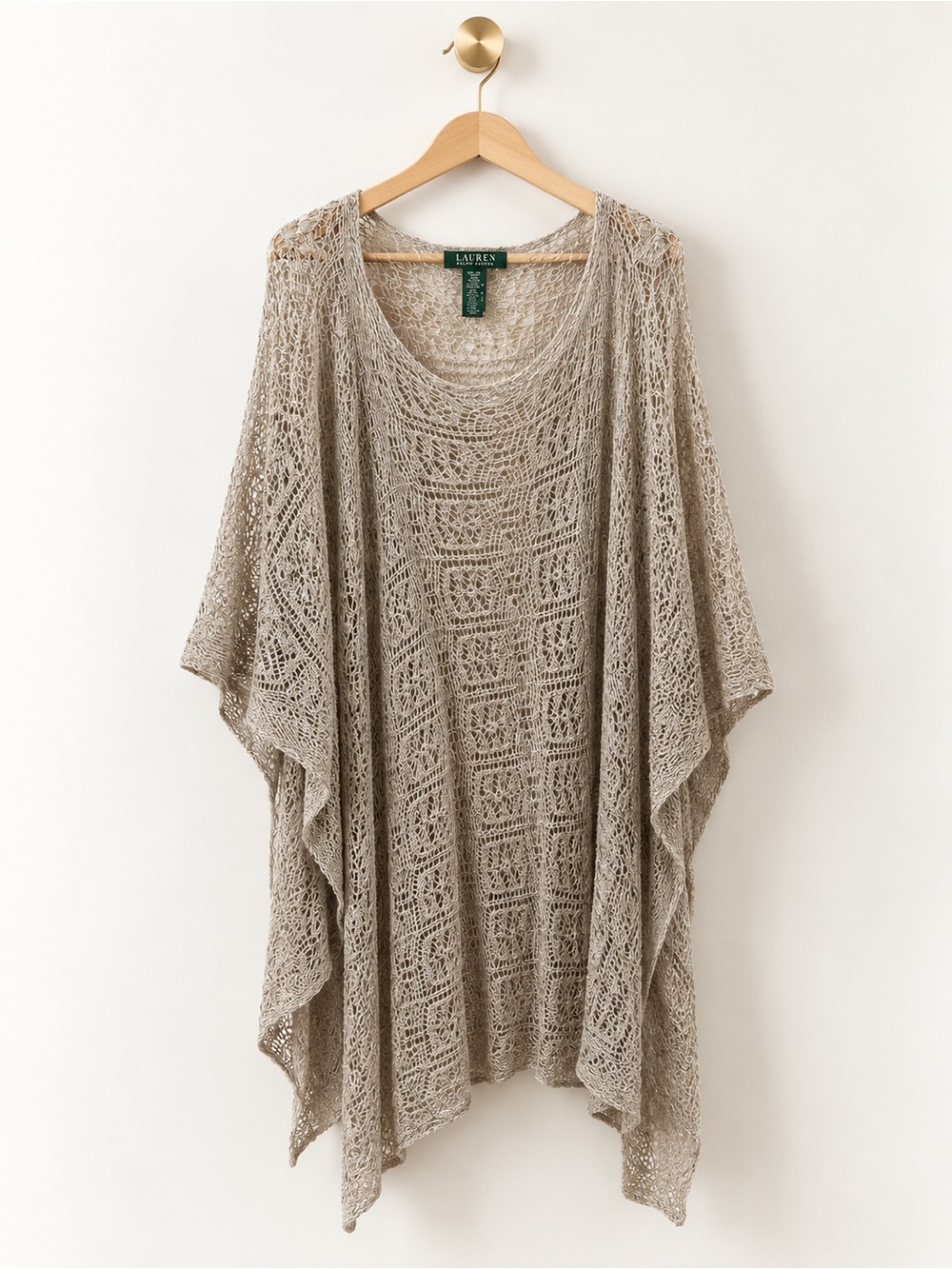 Lauren Ralph Lauren One Size Open Knit Poncho Sweater Mohair Wool Blend Beige